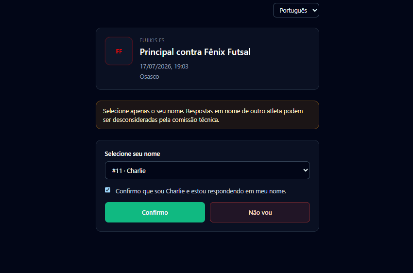 Tela pública para o jogador confirmar presença sem criar conta
