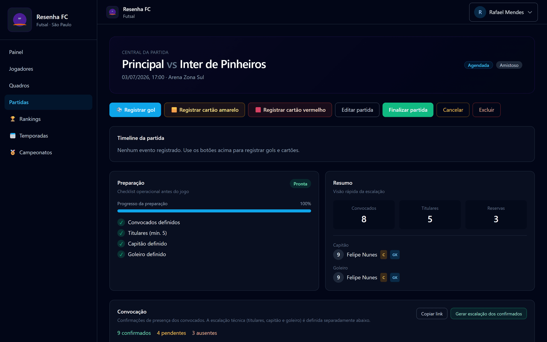 Tela de convocação com status de presença